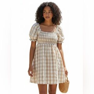 House of Harlow 1960 NWT 100% Linen Smocked Gingham Puff Sleeve Sundress Size S